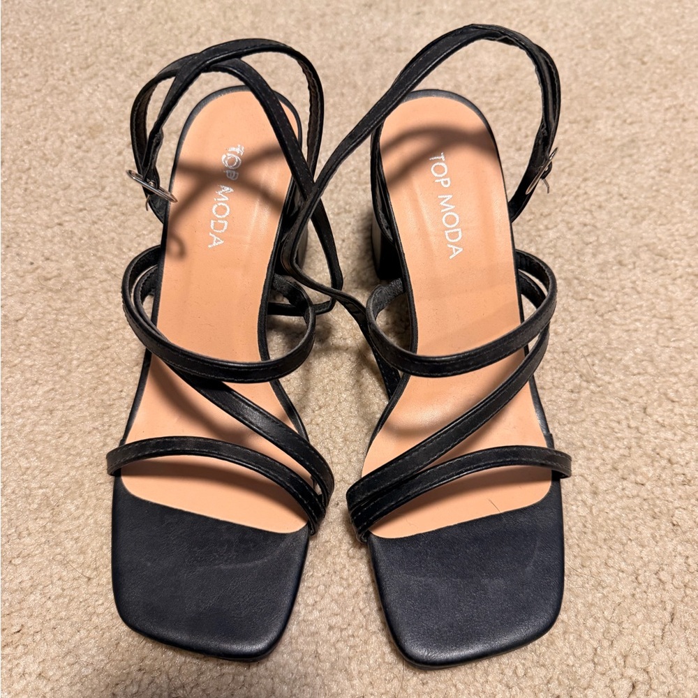 TOP Moda Black Multi-Strap Square Toe Block Heels